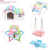 DIY Wooden Dwarf Hamsters House, Gerbil Hideout with Rainbow Bridge Swing, PVC Seesaw, Small Animal Habitat Accessories
