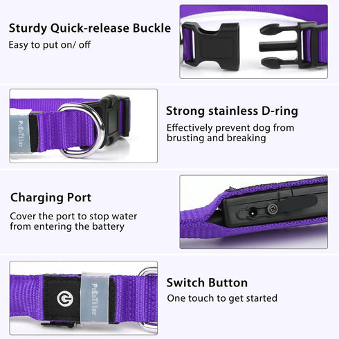 PcEoTllar Light Up Dog Collar for Night Walking - LED Rechargeable Color Changing, Glow in The Dark Waterproof Collars