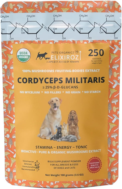 PURE CORDYCEPS M >25% ß-glucans, 100% Mushrooms Extract for Dogs & Cats, Stamina, Energy, Immune Support, 250 SERVINGS.