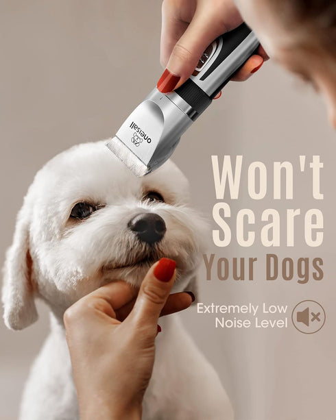 oneisall Low Noise Dog Clippers, 2-Speed Rechargeable Cordless Grooming Kit for Small and Large Dogs (Silver)