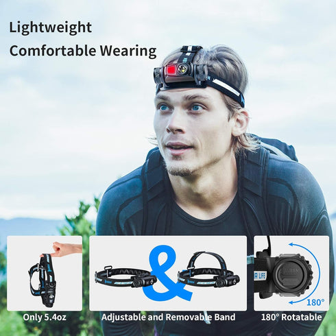 WUBEN H1 Rechargeable Headlamp, 1200 High Lumen Ultra Bright LED, 11 Modes, 180° Adjustable, IP68