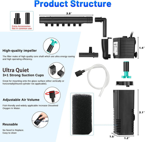 Aquarium Filter for Small Betta Fish Tank, 4-in-1 Adjustable Internal Filter for 5-15 Gallon