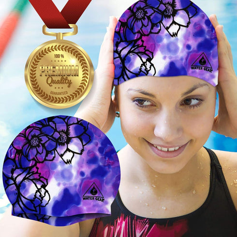 Water Gear Silicone Adult Swim Cap, Flexible Waterproof for Short and Long Hair, Great for Triathlon Swimmers