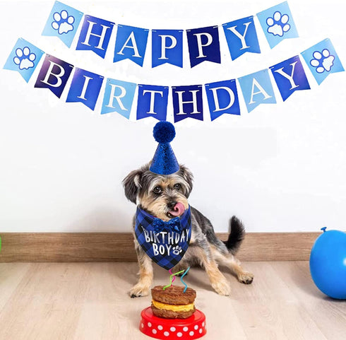 Dog Bandana Hat Scarf Set, Happy Birthday Banner with Cute Bow Tie Collar for Boy Girl Puppy, Classic Plaid Design