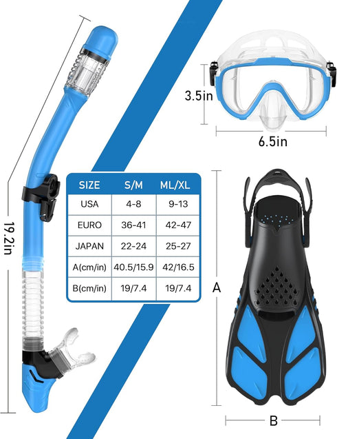 Snorkeling Gear Set for Adults, 4 in 2 Snorkel with Panoramic Diving Mask, Dry Top Snorkel, Fins, Travel Bag