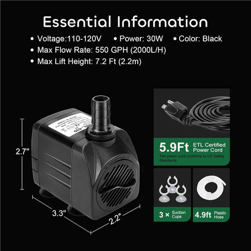 GROWNEER 550GPH Submersible Pump, 30W Ultra Quiet Fountain Water Pump, 2000L/H for Aquarium, Fish Tank, Pond