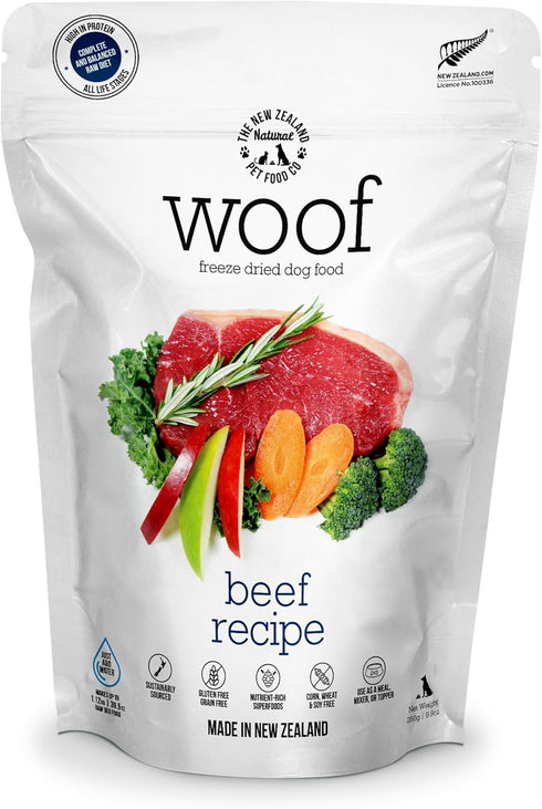 WOOF Freeze Dried Dog Food, Beef Recipe, High Protein, Complete Diet, Dog Food Topper, Mixer, or Treats, 9.9 oz