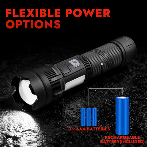 (XF126) WARSUN Multi-Function Zoom Flashlight - Aluminum, Long Range Beam, USB-C Rechargeable