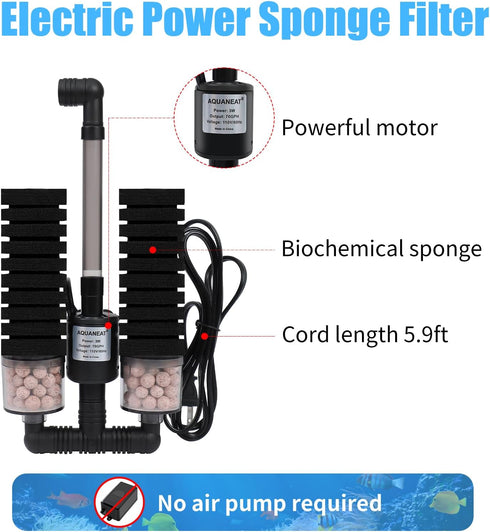 2 40Gal AQUANEAT Aquarium Electric Sponge Filter for Fish Tank, with Pump, with Extra Sponges, Middle up
