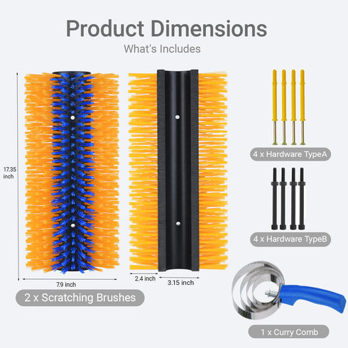 2 Pack Livestock Scratching Brush, Large Horse Grooming Brush Kit With Stainless Steel Curry Comb for Full Massage