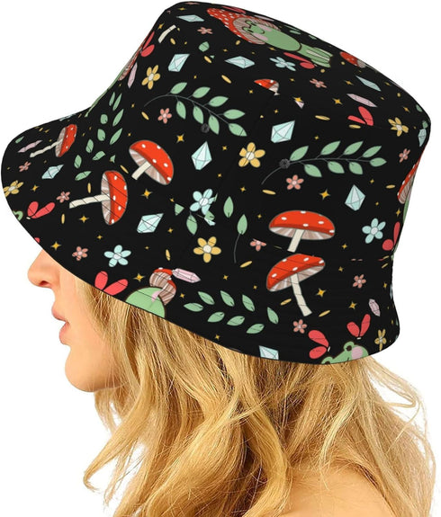 Forest Animals Mushrooms Bucket Hat, Summer Packable Fisherman Cap for Travel and Beach Sun Protection