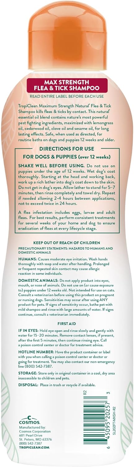 20oz TropiClean Max Strength Flea and Tick Shampoo Treatment for Dogs, Powerful & Natural Defense, Prevention for Large