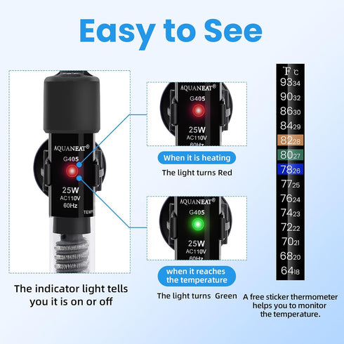 AQUANEAT 25W Mini Betta Fish Tank Heater, Aquarium Water Thermostat with Thermometer, Small Size
