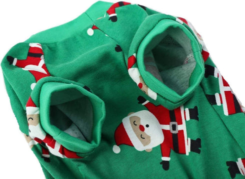 Cute Santa Claus Christmas Dog Pajamas PJS, Green Holiday Pet Clothes Jammies Onsie, Back Length 12" Small
