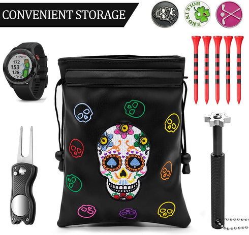 Montela Golf Valuables Pouch, Drawstrings Golf Tee Bag Pouch, Leather Golf Ball Bag for Men Women