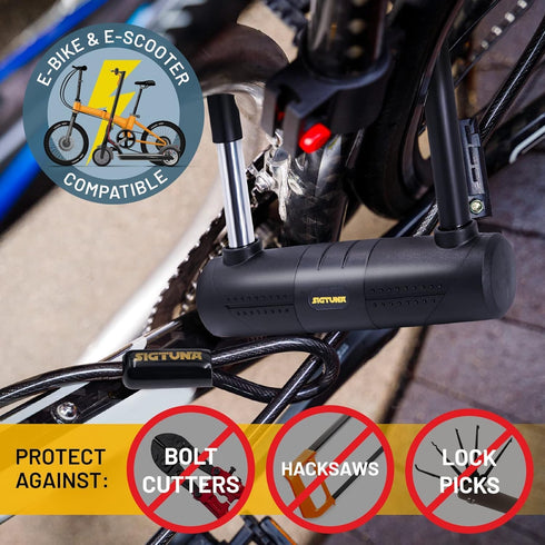 Sigtuna Bike U Lock, Extra Long Heavy Duty Anti Theft, 16mm Bicycle Lock with Shackle, Mounting Holder, and 4ft Cable