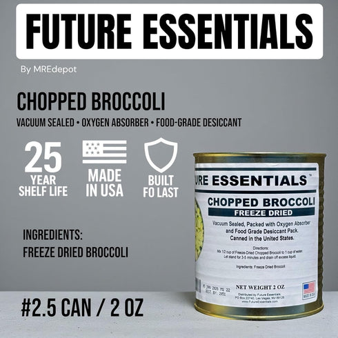 #2.5 25+ 2 oz Future Essentials Canned Chopped Freeze Dried Broccoli Size Can of Broccoli Bites with Year Shelf Life