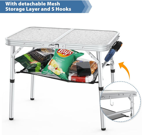 Sportneer Folding Camping Table, Adjustable Height Portable Table with Mesh Layer for Outdoor Use
