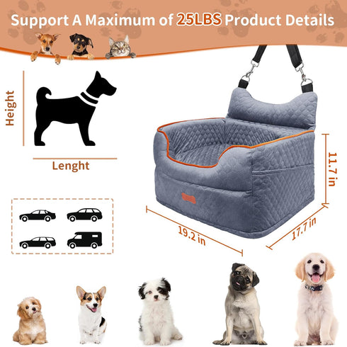 25lbs-Elevated Dog Car Seat - Memory Foam Dog Booster Seat for Small Dogs Up to Pet Car Seat with Storage Pockets
