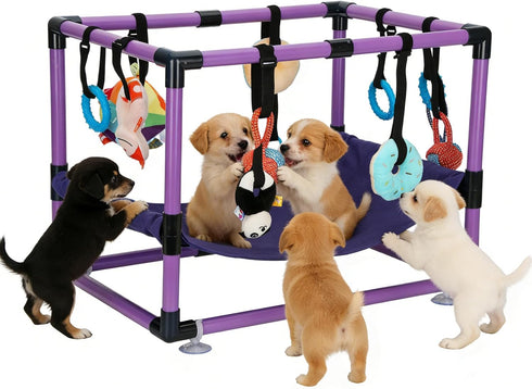 Bullro Purple Puppy Play Gym with 8 Hanging Toys, Dog Jungle Gym Indoor