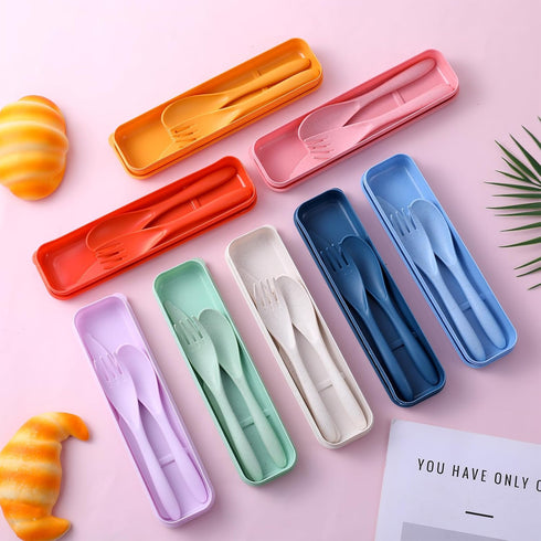 Lyksgir 32 Sets Set 8 Reusable Travel Utensils with Case, Portable Natural Wheat Straw Fork Spoons Knife Camping