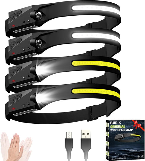 Headlamp Rechargeable 4-Pack, 6 Mode 1200 Lumens LED Headlamps with Motion Sensor for Camping, Hiking, Running