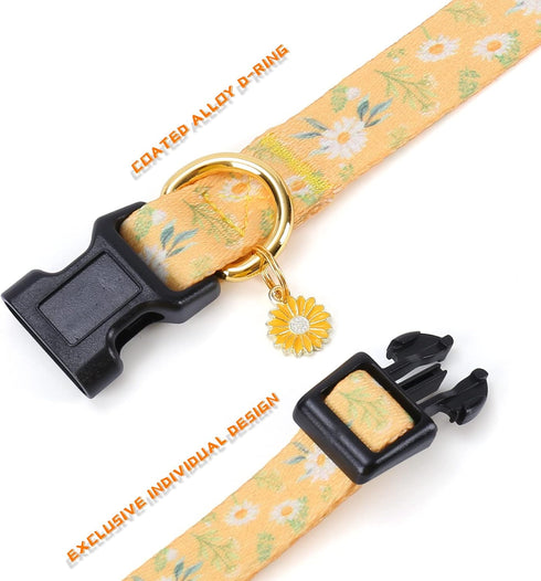 Cotton Handmade Dog Collar for Small Medium Large Dogs, Yellow Daisy with Pendant Cute Dog Collars, Ideal for Girl Dogs