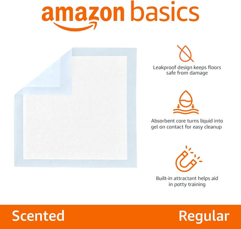 5-Layer 22 22 Inch, 100 Count Amazon Basics Scented Dog and Puppy Potty Training Pee Pads, Leak-Proof Super Absorbent