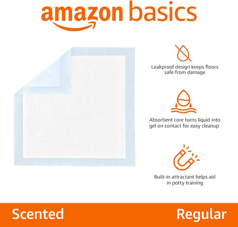 5-Layer 22 22 Inch, 150 Count Amazon Basics Scented Dog and Puppy Potty Training Pee Pads, Leak-Proof Super Absorbent