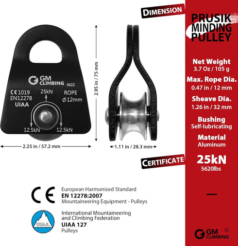 GM CLIMBING Micro Prusik Minding Pulley 25kN CE UIAA Certified 12mm Mobile Side Plates for Arborist Climbing Rescue