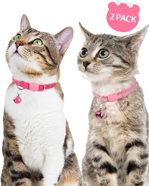Taglory Reflective Cat Collar Breakaway with Bells, 2 Pack, Adjustable 7.5-12.5 Inch, Pink