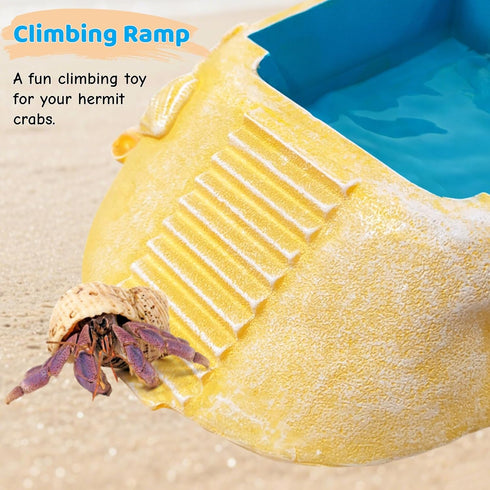 Hermit Crab Water Bowl with Climbing Ramp, Medium Reptile Water Bathing Pool Food Dish, Tortoise Habitat Aquarium Tank