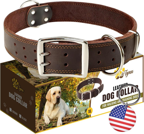 ADITYNA Big Leather Dog Collar, XXL for Giant Breeds like Mastiff (Fit 30" - 36" Neck, Brown)