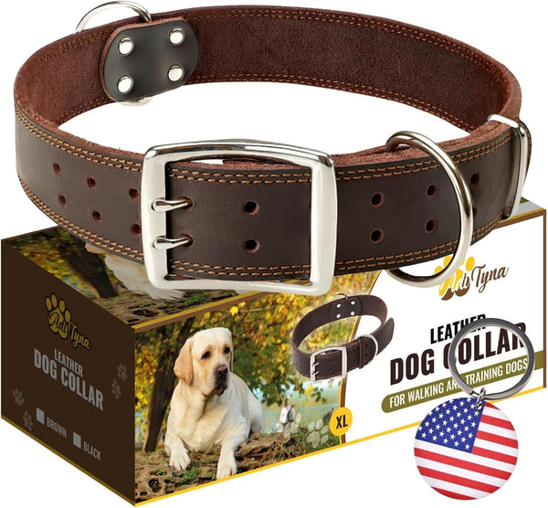 ADITYNA Big Leather Dog Collar, XXL for Giant Breeds like Mastiff (Fit 30" - 36" Neck, Brown)