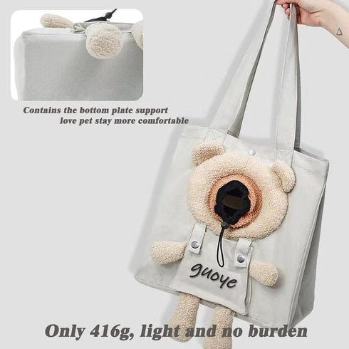 Bear-Shaped Pet Canvas Shoulder Bag, Khaki Bear-Large, Pet Out Bag for Dogs and Cats