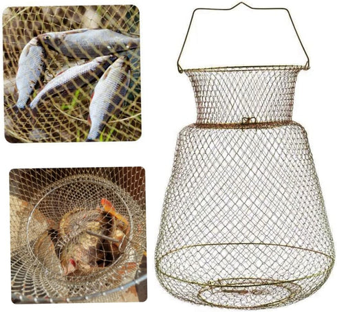 KUYYFDS 25cm Wire Fish Crab Basket Portable Foldable Round Metal Fishing Lobster Cage with Handle