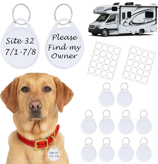 Dog Camping Gear (10pk) - Emergency Double Sided ID Tags with Key Ring - Water-Resistant Pet Tags