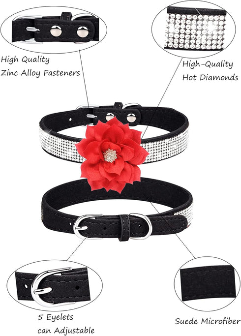 Rhinestone Dog Collar for Small Medium Dogs, Black Flower Puppy Collar for Girl Dogs, Summer Spring Wedding Necklace