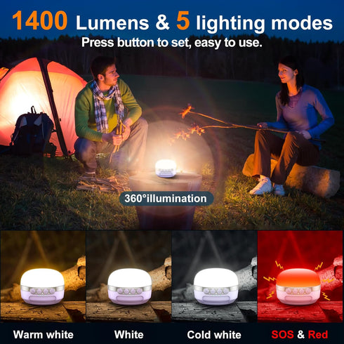 LED Camping Lantern Rechargeable 1400LM, 420H Running Time, 10400mAh Emergency Hanging Light for Home, Hiking, Violet