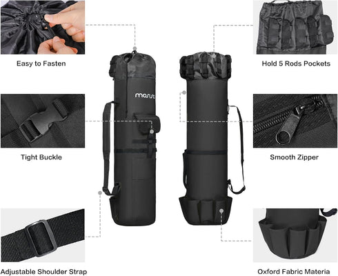 MOSISO Waterproof Fishing Rod Case Bag, Large Capacity Fishing Tackle Gear Organizer with 5 Poles Tackle