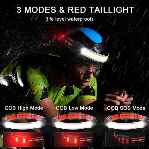 LED Rechargeable Head Lamp, High Lumens 230° Wide Beam Flashlight with Red Taillight for Camping