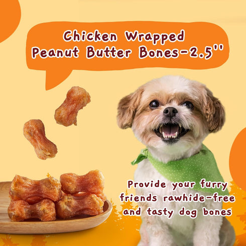 6 oz Jungle Calling Rawhide Free Dog Chew Treats, Real Chicken Wrapped Peanut Butter Bones, Teeth Clean Chewy Training