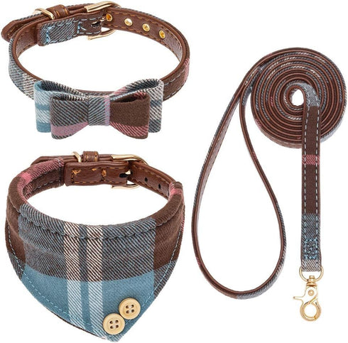 EXPAWLORER Dog Leash and Collar Set - Adjustable Cute Plaid Bow Tie and Bandana Collar, Tangle Free Leash