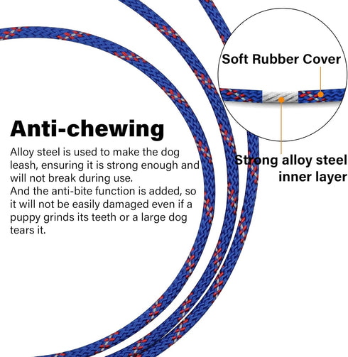 5FT Chew Proof Metal Dog Leash with Comfortable Handle, Heavy Duty Steel Cable Lead for Control Large Medium Small Dogs Walk and Train, Pet Leash with Rotate Clasp and Double Buckle (5FT,Blue)