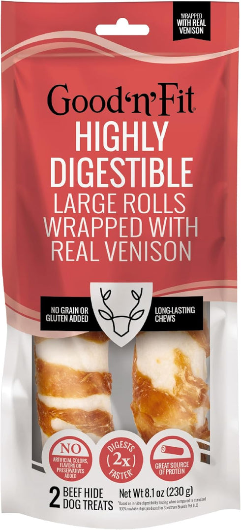 Good ‘n’ Fit Rolls Made with Real Venison, 2 Large Rolls - Long-Lasting and Highly Digestible Rawhide Chew