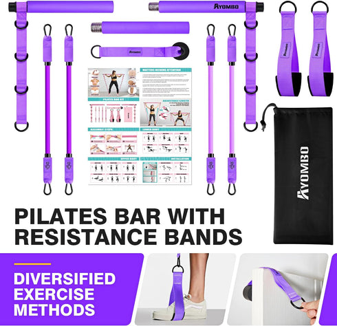 Pilates Bar Kit with Resistance Bands - Adjustable 3-Section Equipment for Legs, Hip, Waist, Arm Workouts