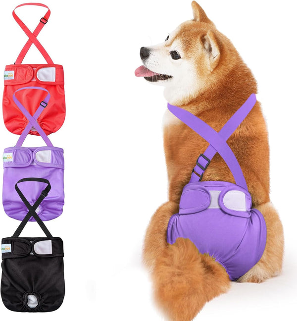 Idepet Female Dog Diapers with Suspender 3 Pack Washable Reusable Doggie Diapers for