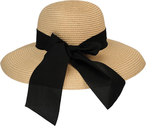 Surblue Straw Summer Hat, Women's Floppy Sun Hat with Wide Brim and Bow