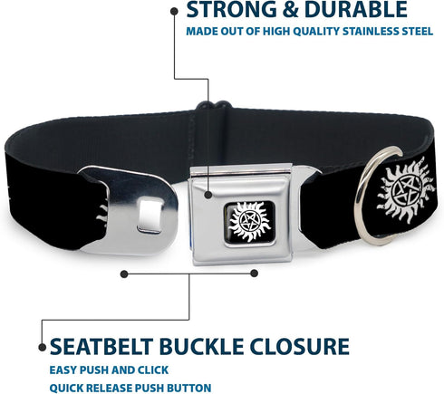 Dog Collar Seatbelt Buckle Winchester Pentagram Repeat Black White 1.0 Inch Wide, 15 to 26 Inches, DC-WSN005-L