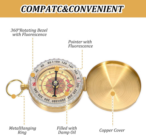KFHENSOMR Brass Compass for Hiking Large Dial Pocket Compass with Keychain Loop Camping Survival Navigation Tool Ideal